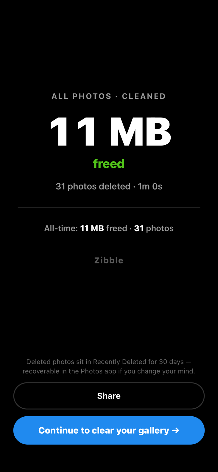 Zibble summary screen showing storage freed
